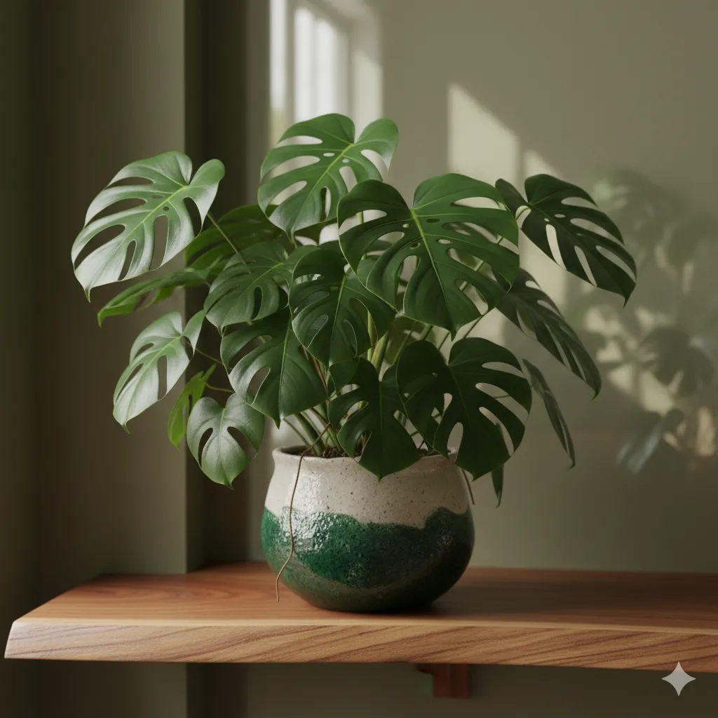 Monstera Deliciosa houseplant with large glossy green leaves