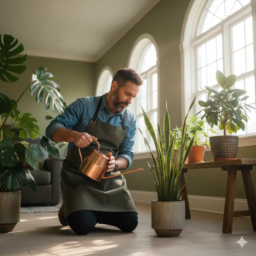 Person caring for houseplants with watering can