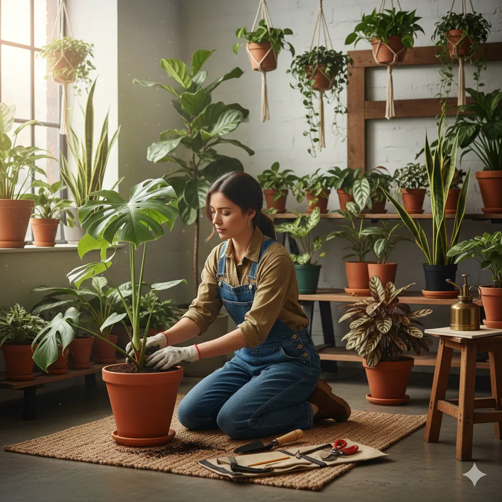 Professional plant specialist caring for indoor houseplants